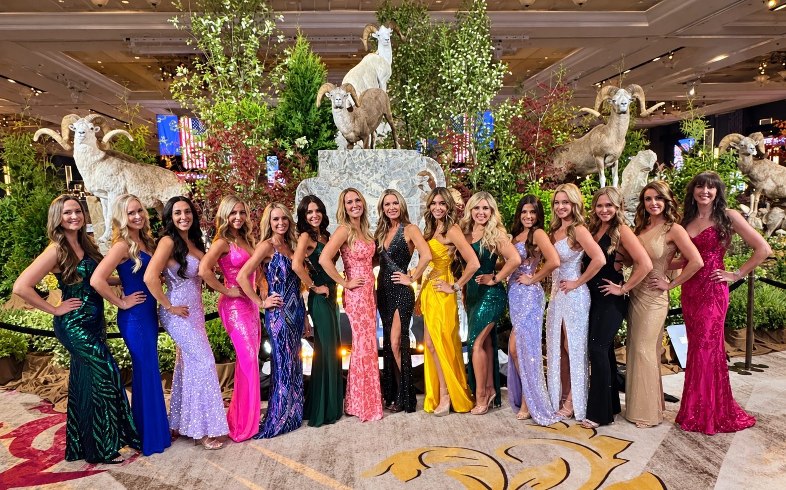 Mandi's Models team in evening gowns lined up in front of a wild sheep display in a ballroom